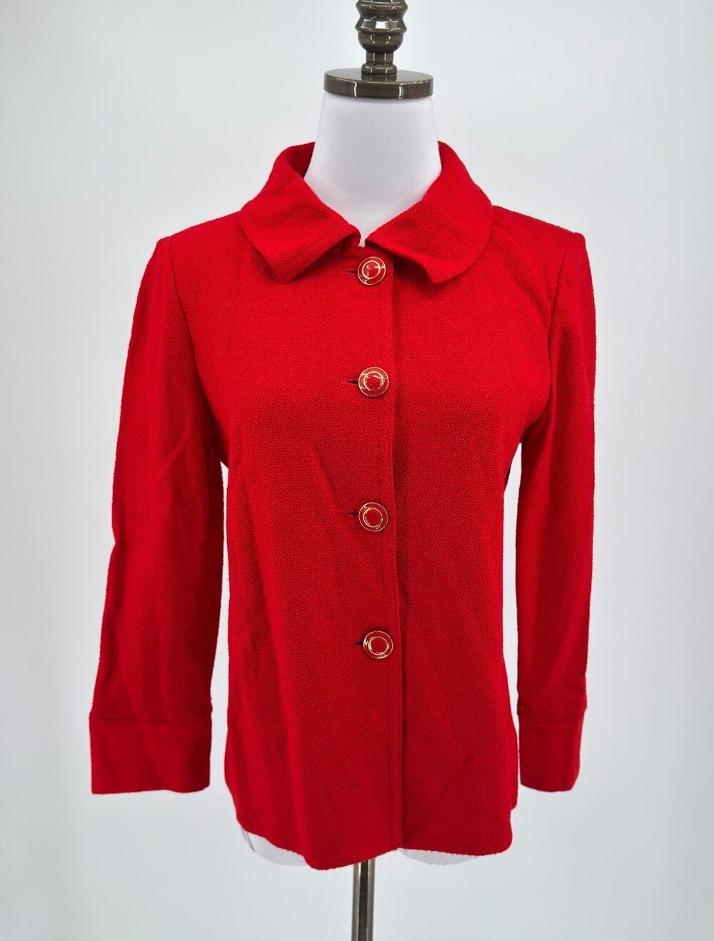 Vintage St. John Red Santana Knit Collared Long Sleeve Button Up Jacket Sz 4